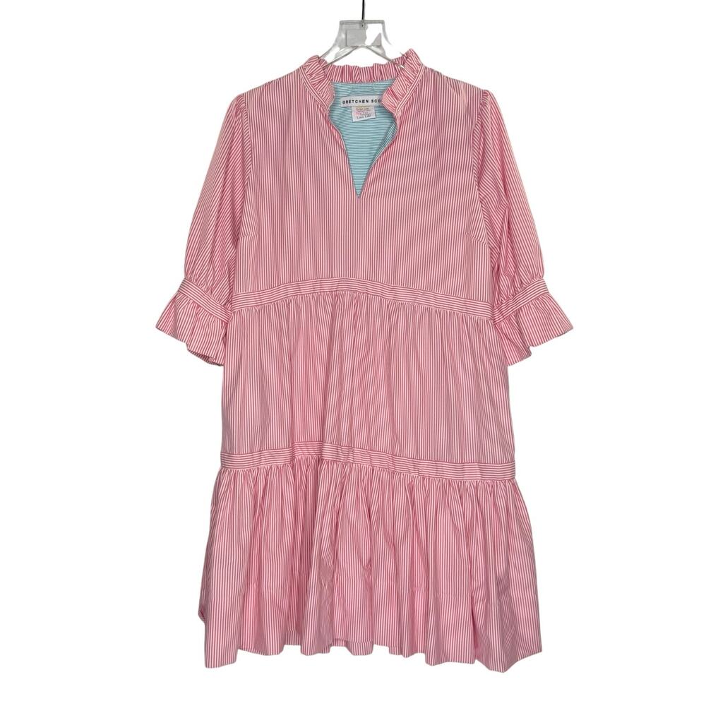 Gretchen Scott Tiered Mini Dress L Pink Stripes Ruffled Neck Preppy Travel